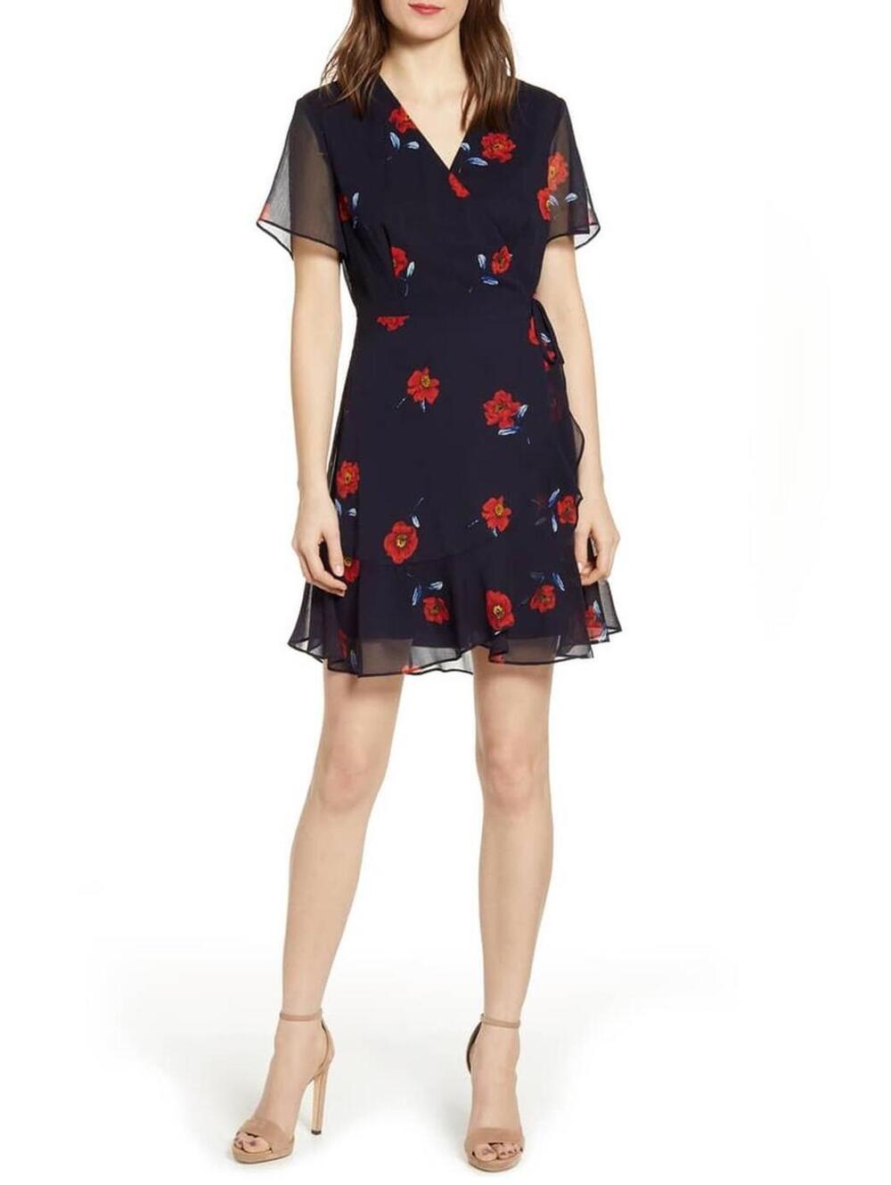 All in Favor Isabella Wrap Mini Dress Navy Red Poppy Floral XS